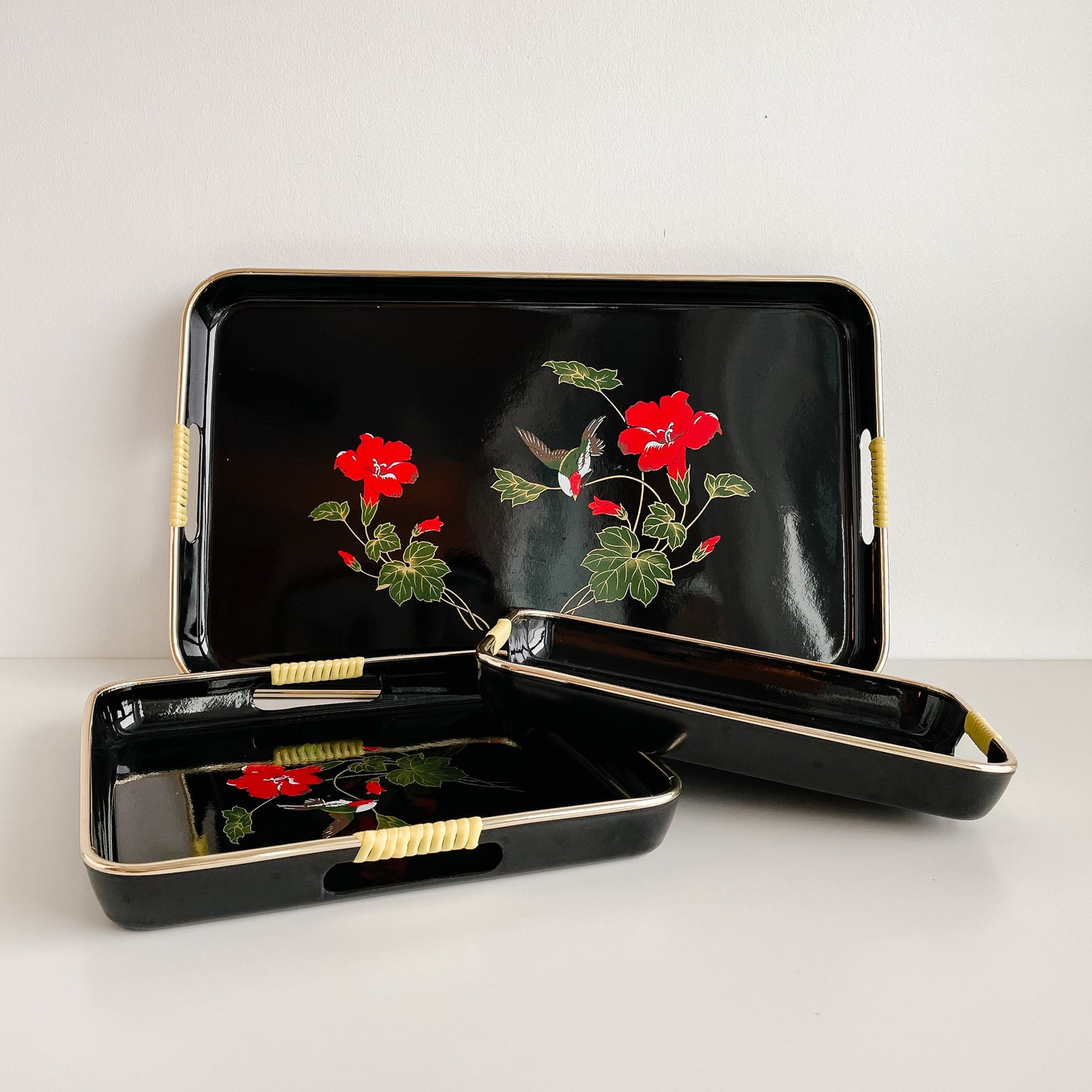 Nesting Lacquer Trays Black with Red Flowers (set of 3)