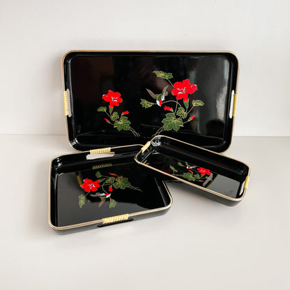 Nesting Lacquer Trays Black with Red Flowers (set of 3)