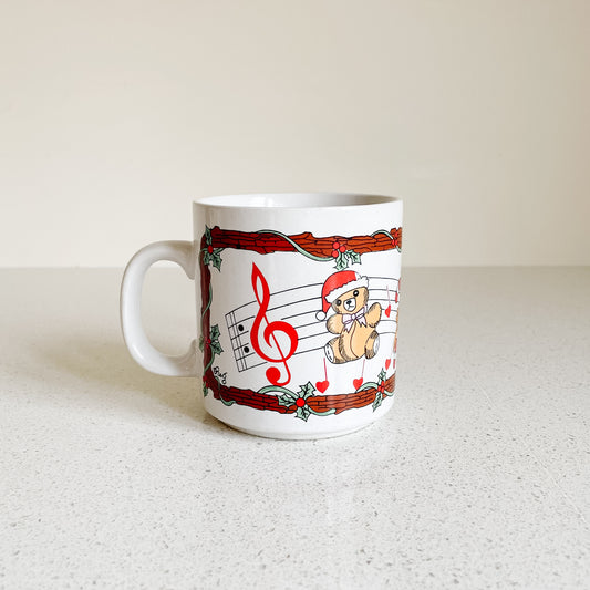 1980s Christmas Coffee Mug with Teddy Bear and Music Notes