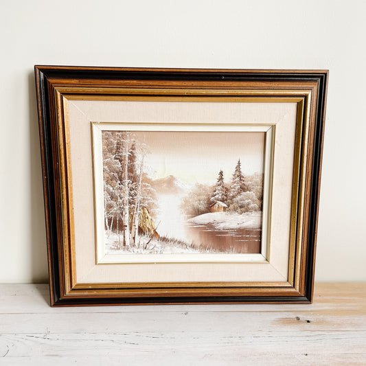 Framed Oil Painting - Winter Scene with Trees & Cabin