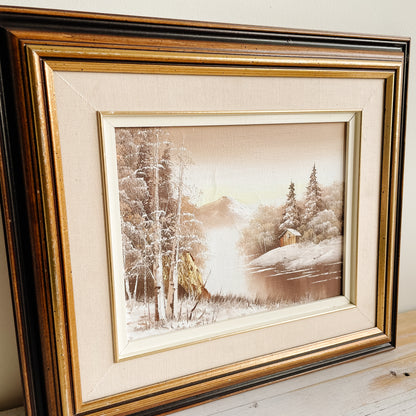 Framed Oil Painting - Winter Scene with Trees & Cabin