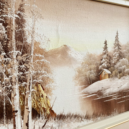 Framed Oil Painting - Winter Scene with Trees & Cabin