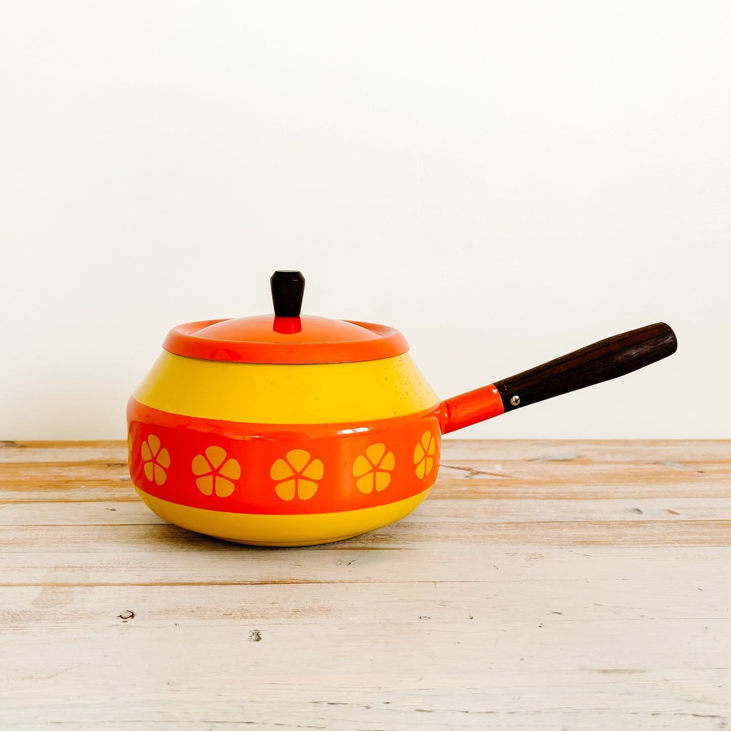 Vintage Yellow & Orange Fondue Pot with Wood Handles