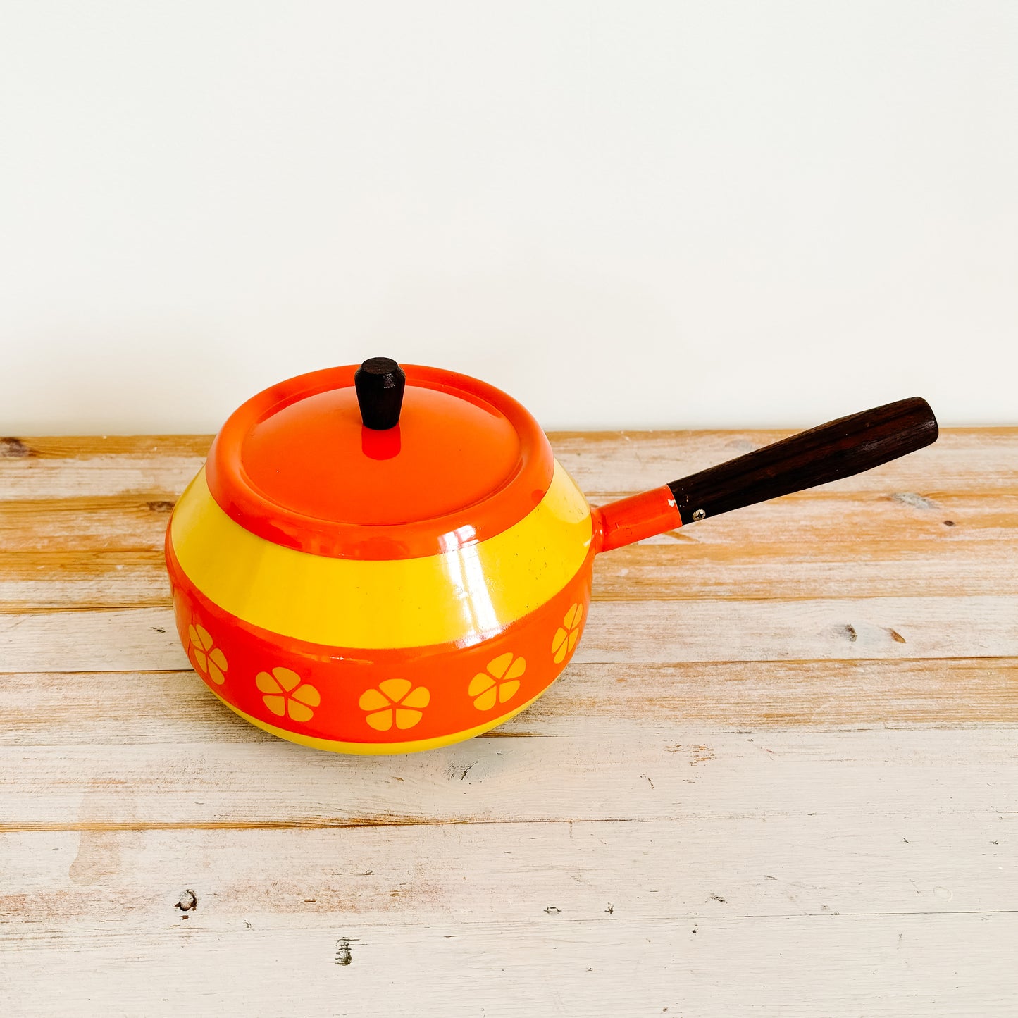 Vintage Yellow & Orange Fondue Pot with Wood Handles