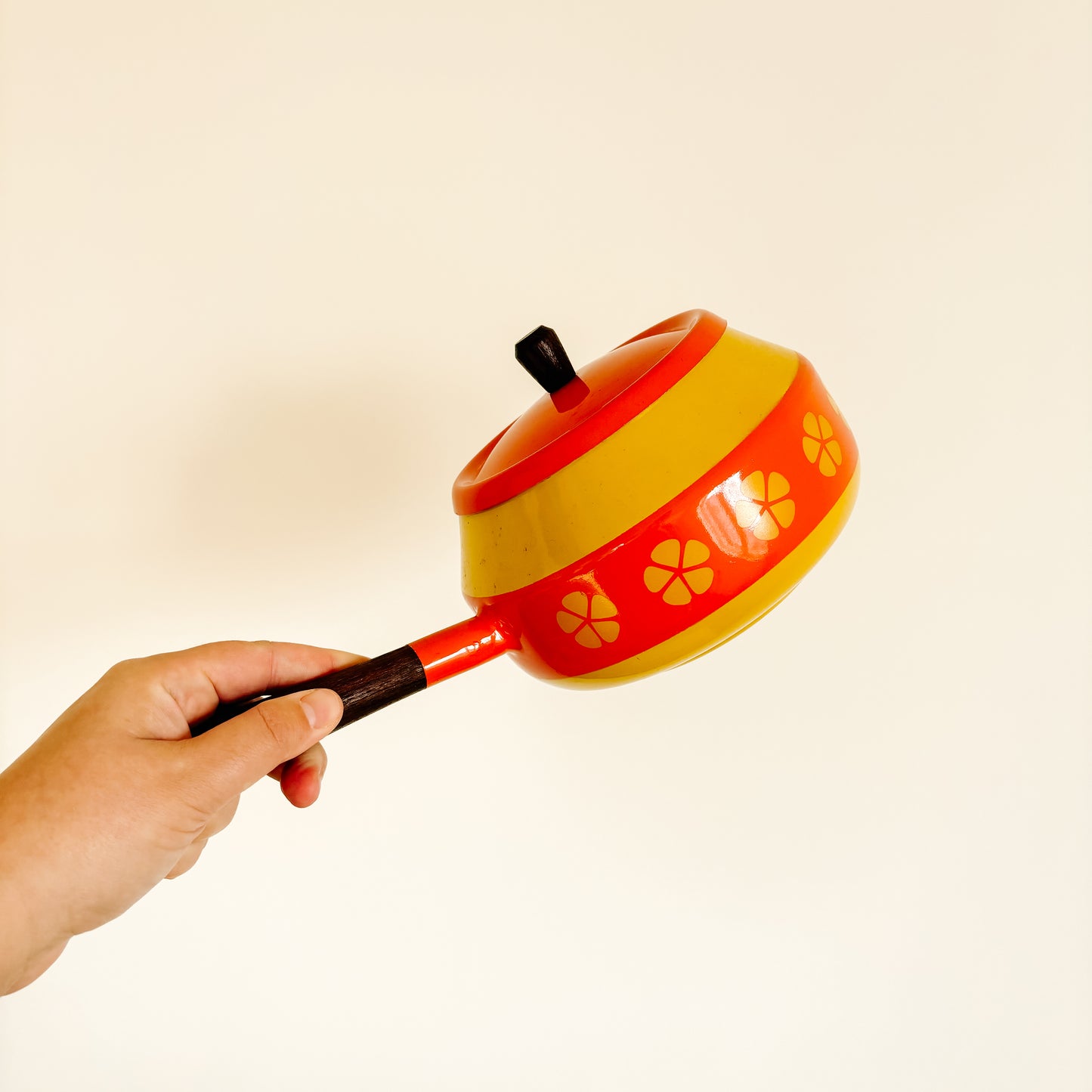 Vintage Yellow & Orange Fondue Pot with Wood Handles