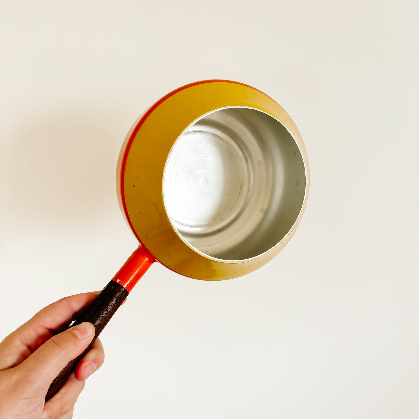 Vintage Yellow & Orange Fondue Pot with Wood Handles