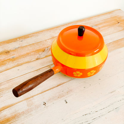 Vintage Yellow & Orange Fondue Pot with Wood Handles