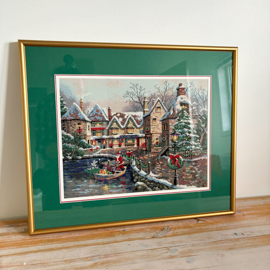 XL Framed "Christmas Cove" Scene Needlepoint Cross Stitch Embroidery