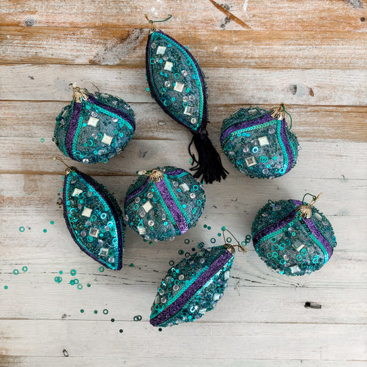 Assorted Set of Blue Glittery Ornaments