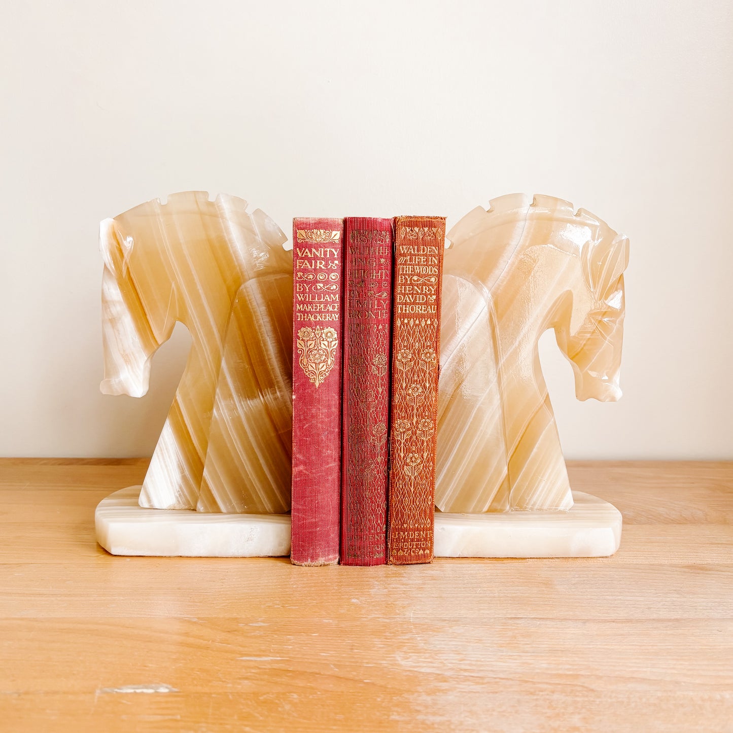 Vintage Pink and White Onyx Horse Bookends - Set of 2