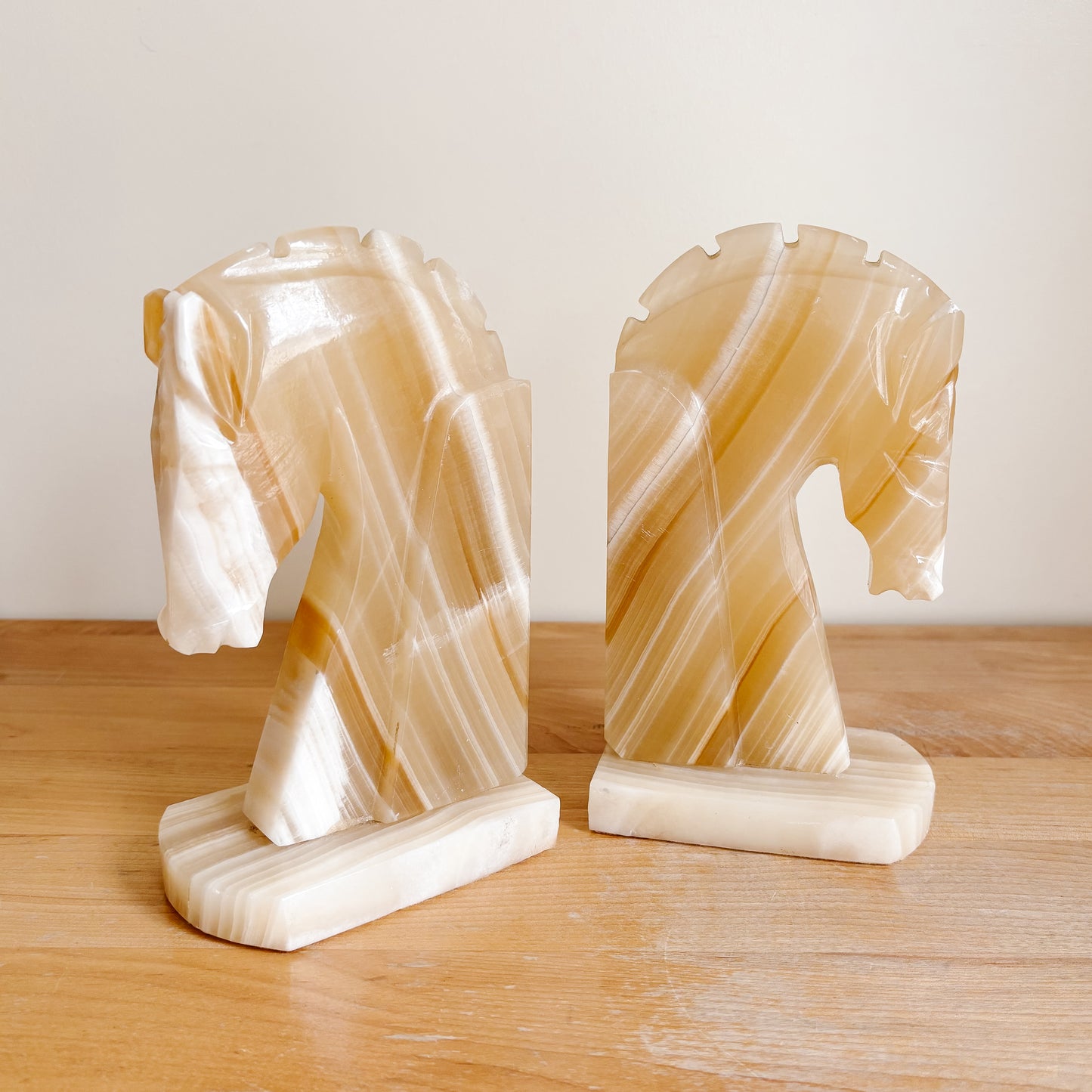 Vintage Pink and White Onyx Horse Bookends - Set of 2