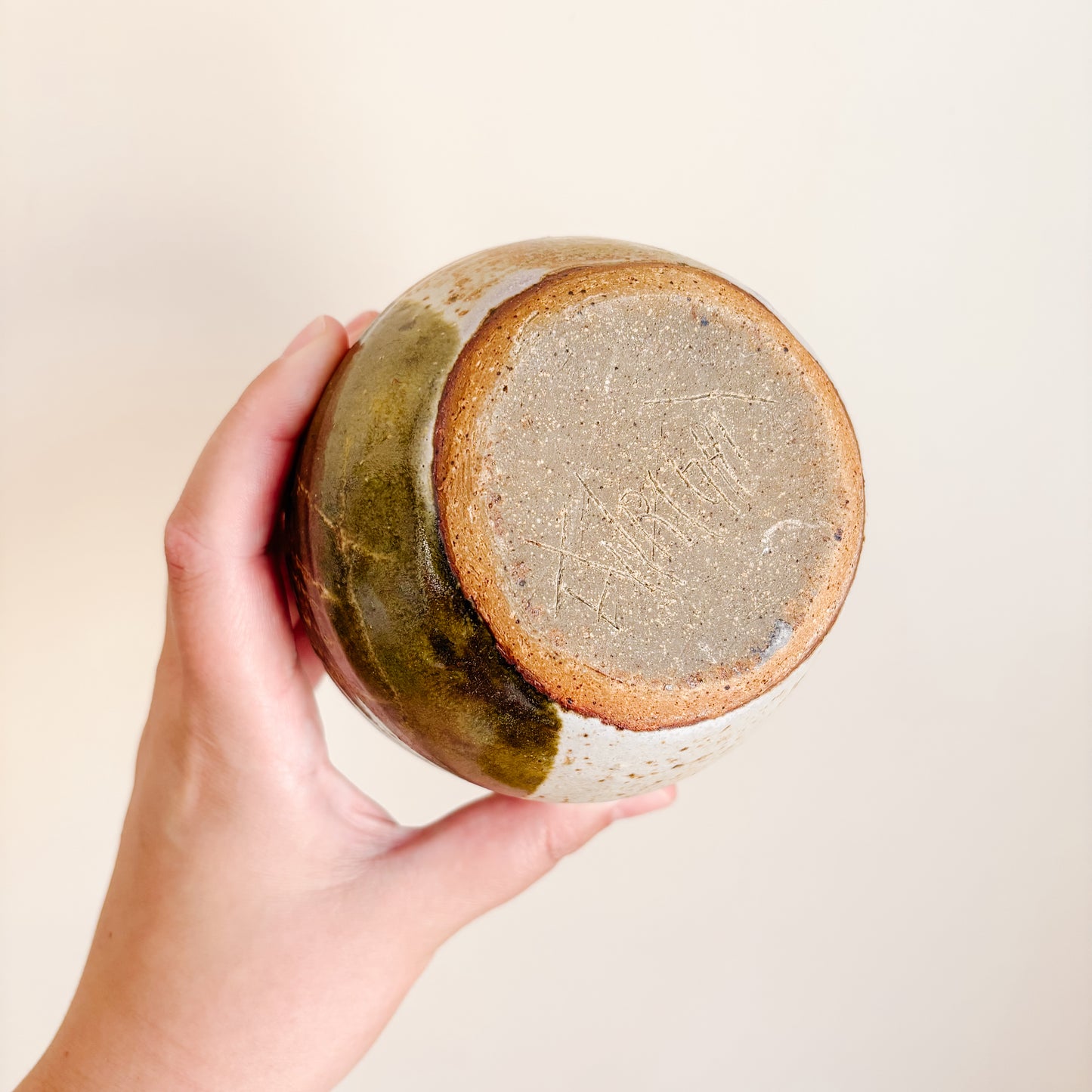 Two-Tone Cream and Olive Green Studio Pottery Vase
