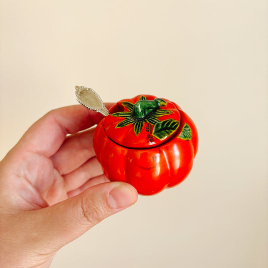 Ceramic Tomato Sugar Bowl with Lid and Spoon MCM Japan