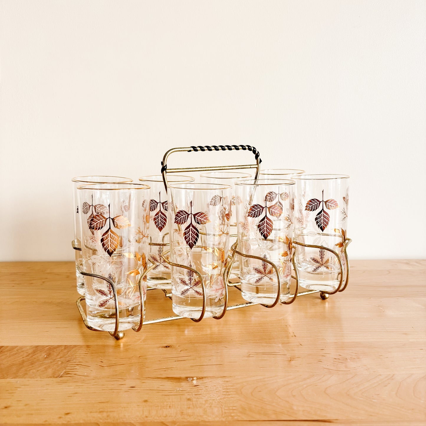 MCM Gold Leaf Highball Glasses with Caddy (Set of 8)