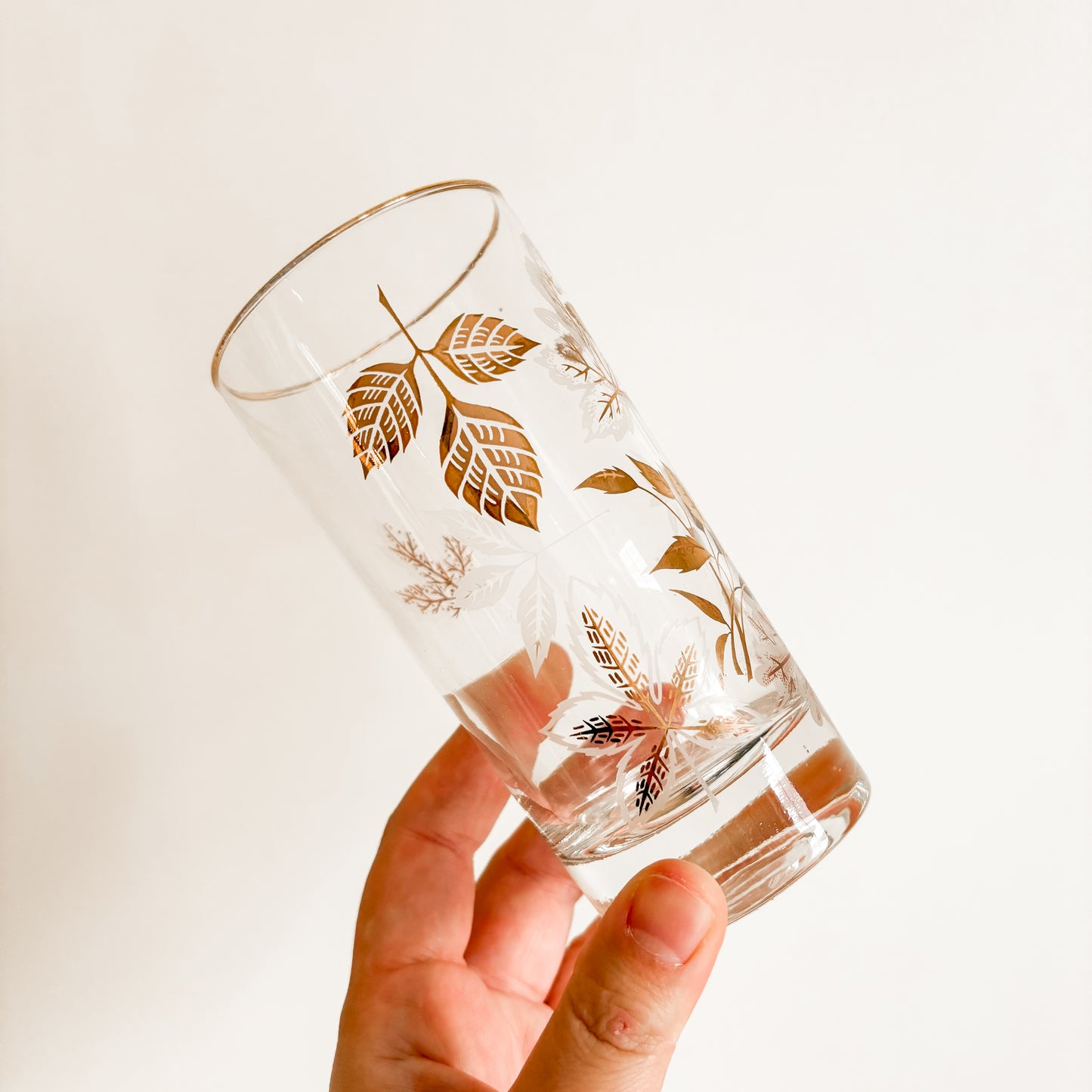 MCM Gold Leaf Highball Glasses with Caddy (Set of 8)