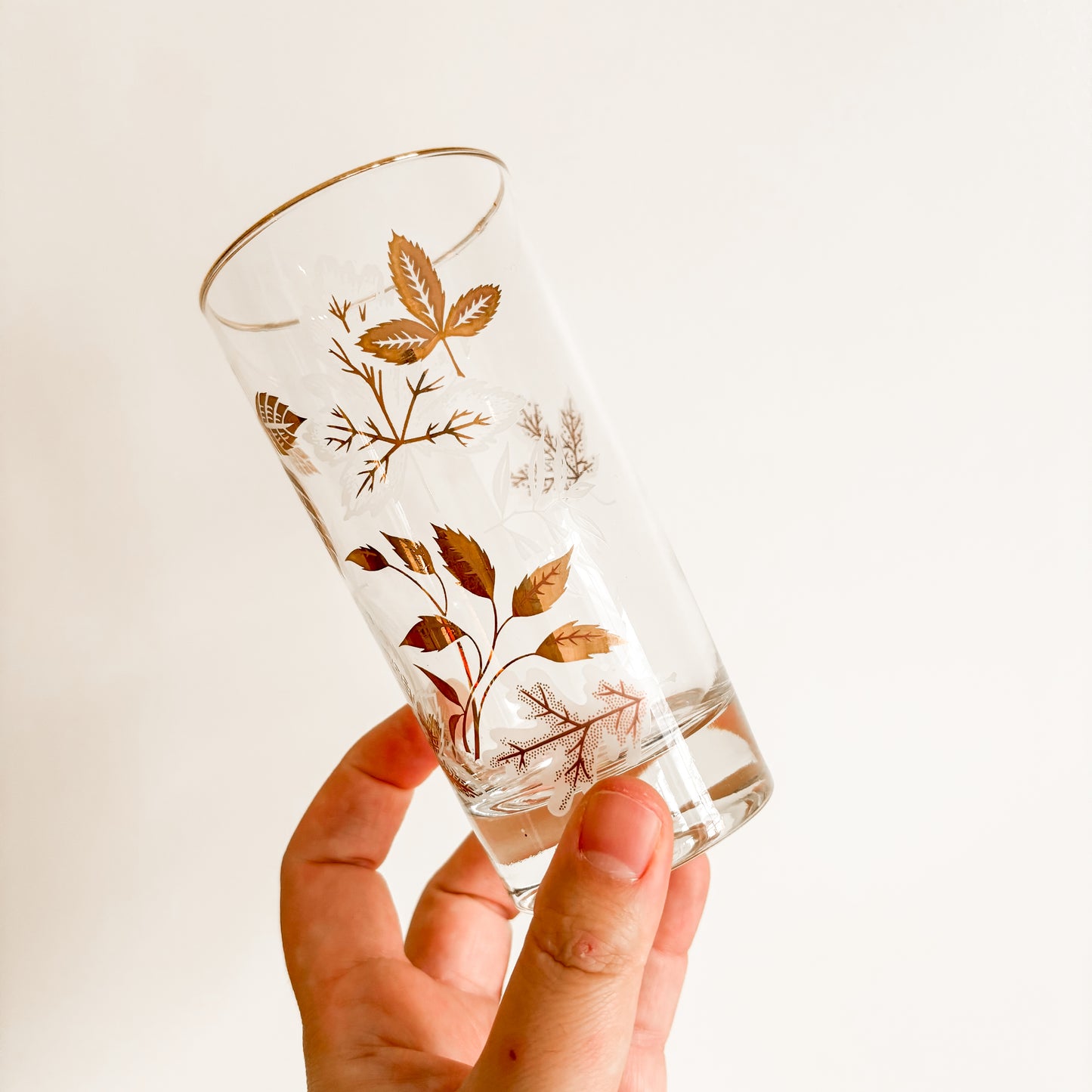 MCM Gold Leaf Highball Glasses with Caddy (Set of 8)