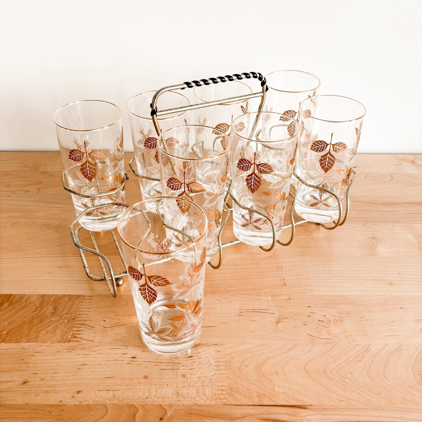 MCM Gold Leaf Highball Glasses with Caddy (Set of 8)