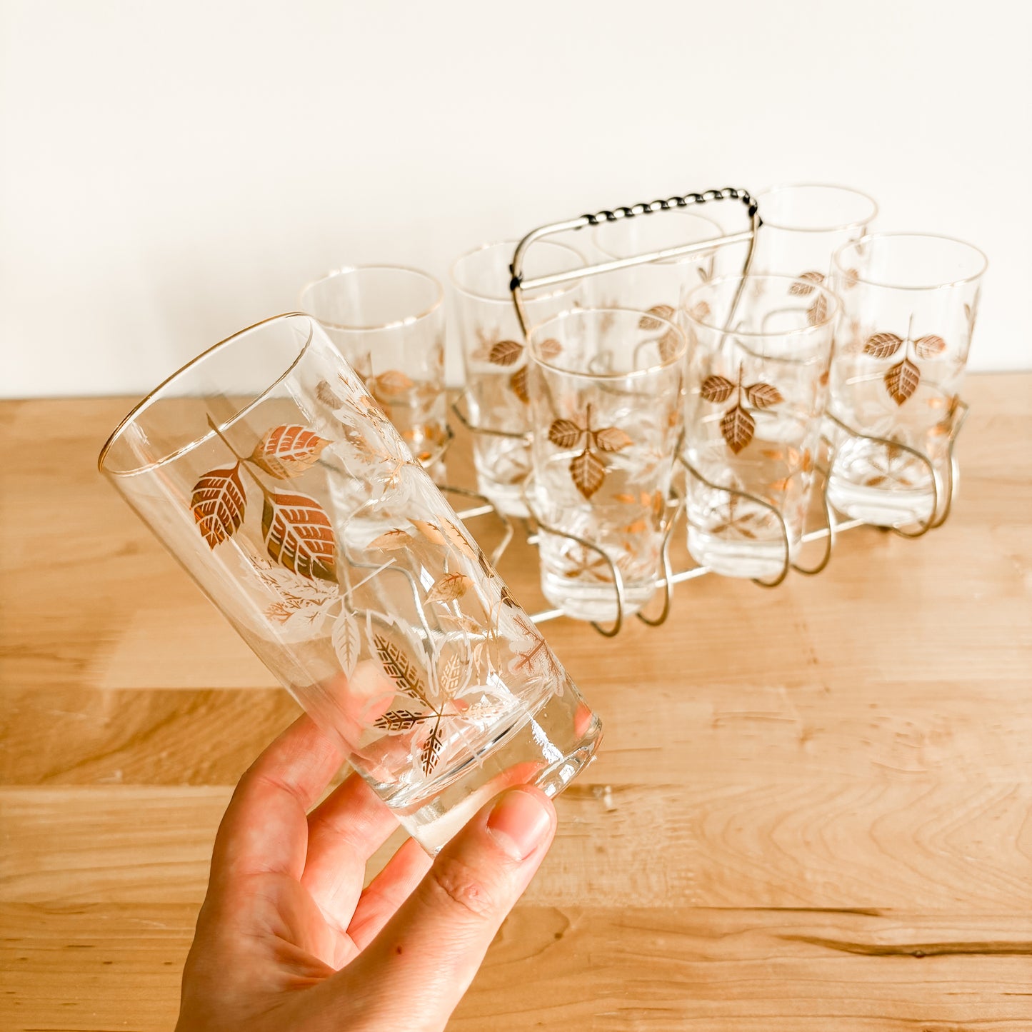 MCM Gold Leaf Highball Glasses with Caddy (Set of 8)