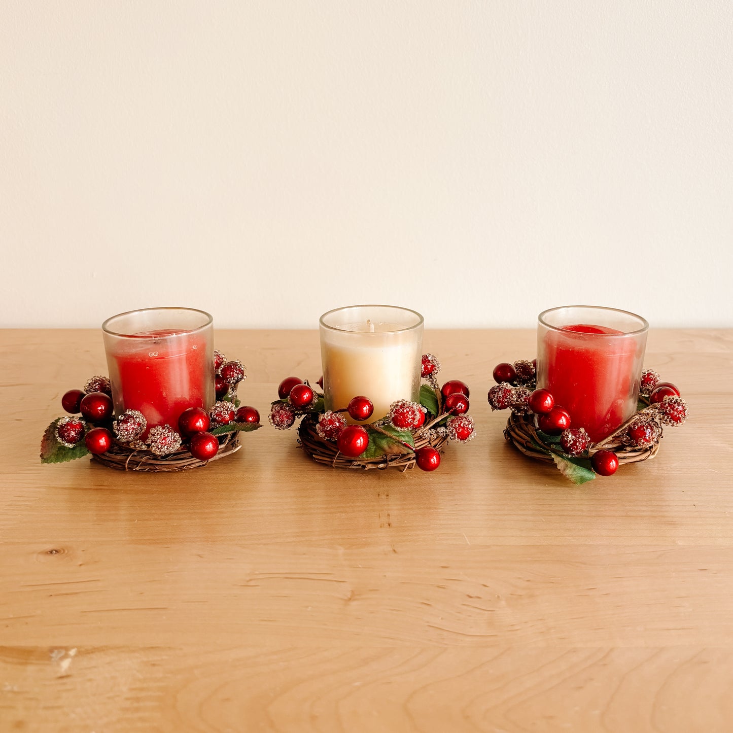 Festive Votive Candle Trio with Frosted Berry Wreaths