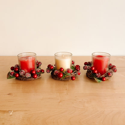 Festive Votive Candle Trio with Frosted Berry Wreaths