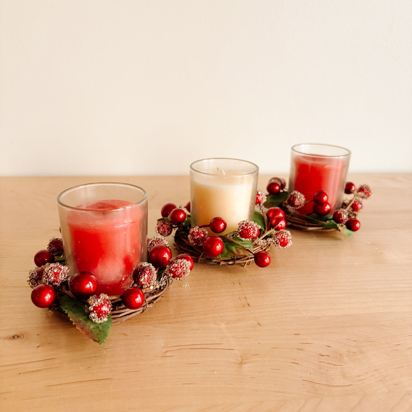 Festive Votive Candle Trio with Frosted Berry Wreaths