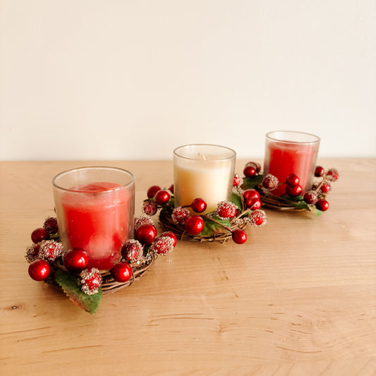 Festive Votive Candle Trio with Frosted Berry Wreaths