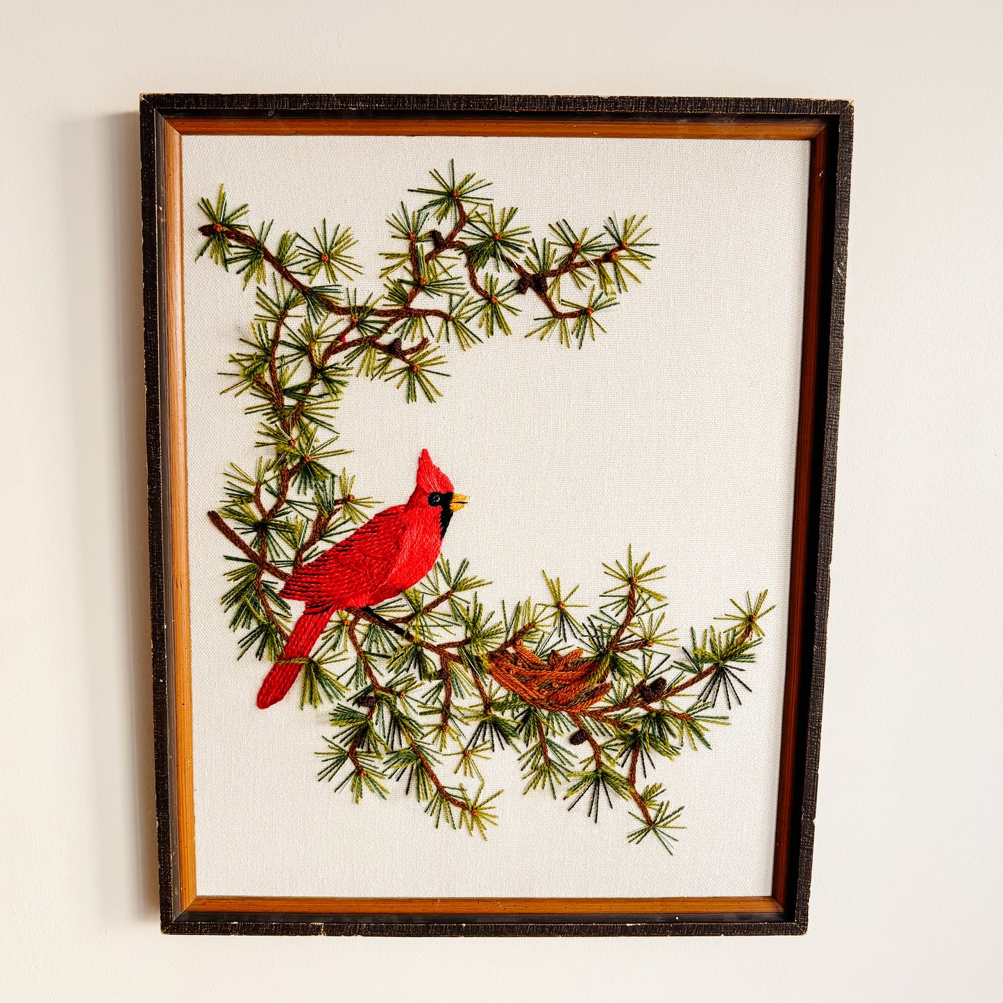 Framed "Cardinal in Evergreens" Crewel Embroidery