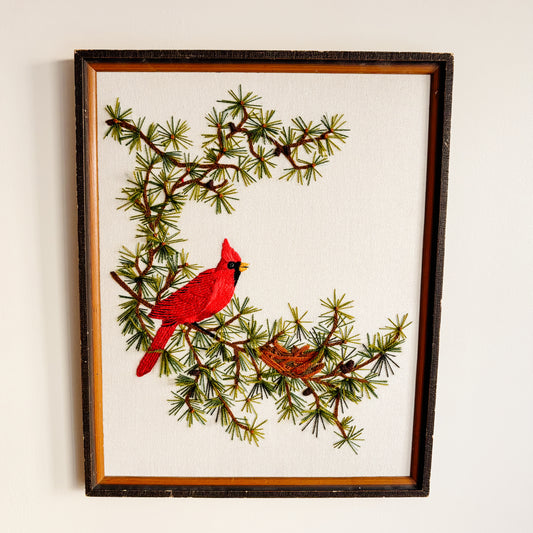 Framed "Cardinal in Evergreens" Crewel Embroidery
