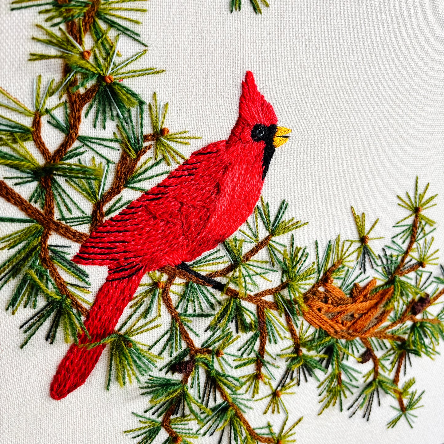 Framed "Cardinal in Evergreens" Crewel Embroidery