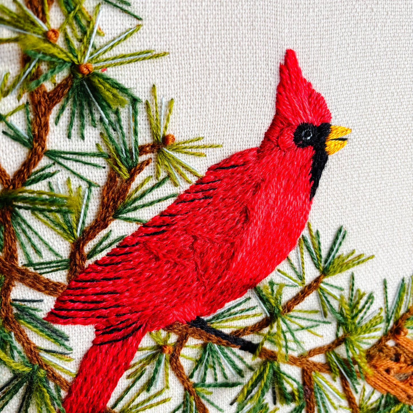 Framed "Cardinal in Evergreens" Crewel Embroidery