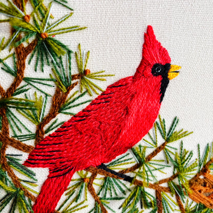Framed "Cardinal in Evergreens" Crewel Embroidery