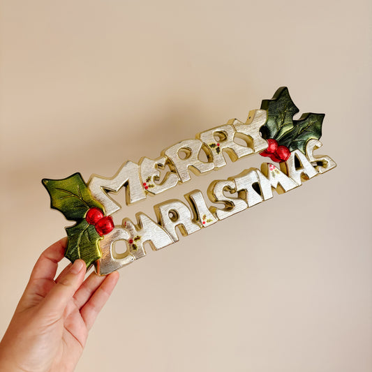 Vintage Molded Plastic "Merry Christmas" Gold Sign