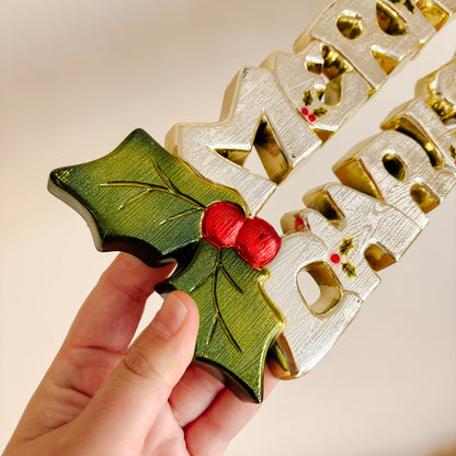 Vintage Molded Plastic "Merry Christmas" Gold Sign