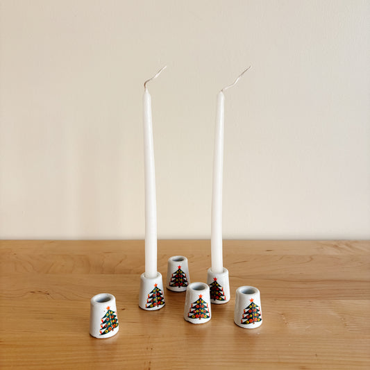 Ceramic Mini Taper Candle Holders with Christmas Tree Design (set of 6)