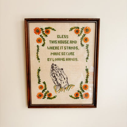 Vintage "Bless this House" Crewel Cross-Stitch Embroidery