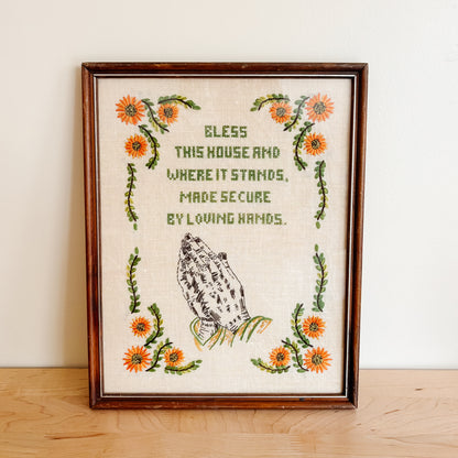 Vintage "Bless this House" Crewel Cross-Stitch Embroidery