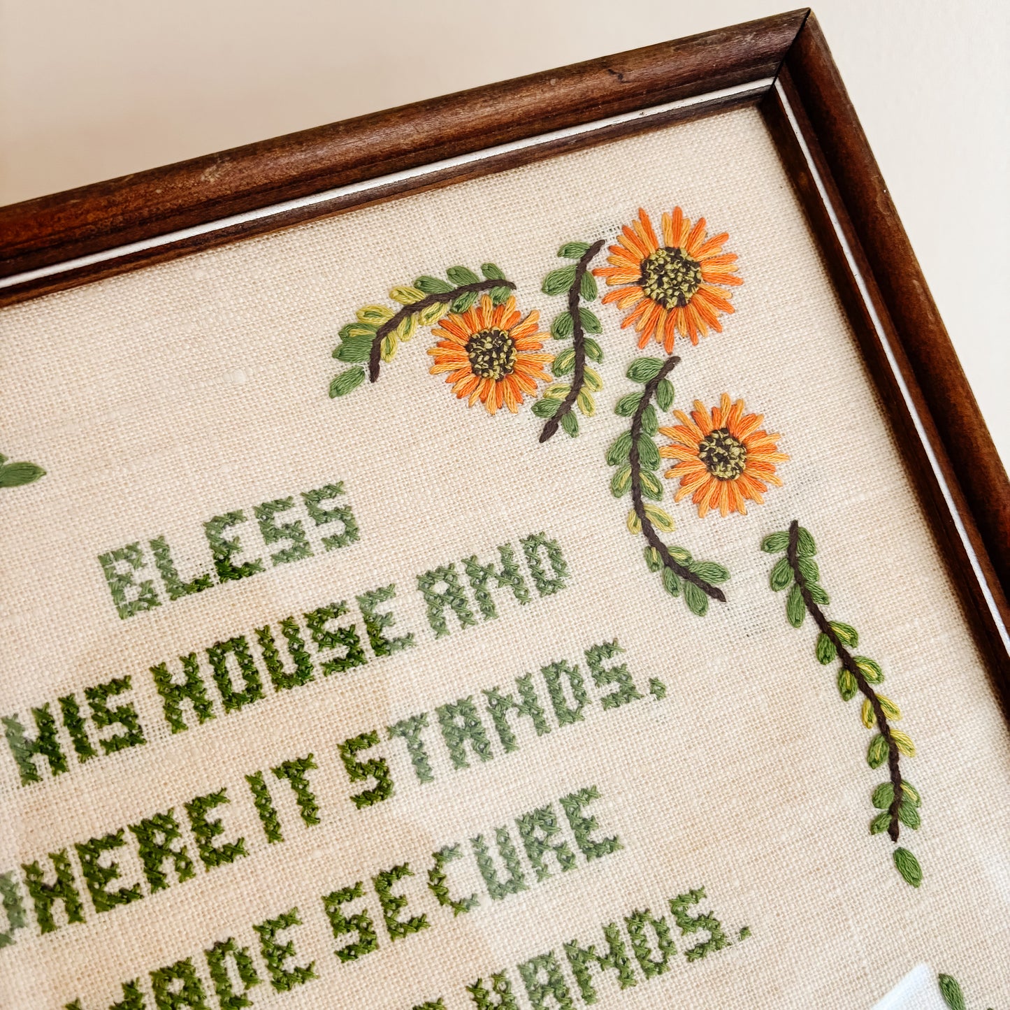 Vintage "Bless this House" Crewel Cross-Stitch Embroidery