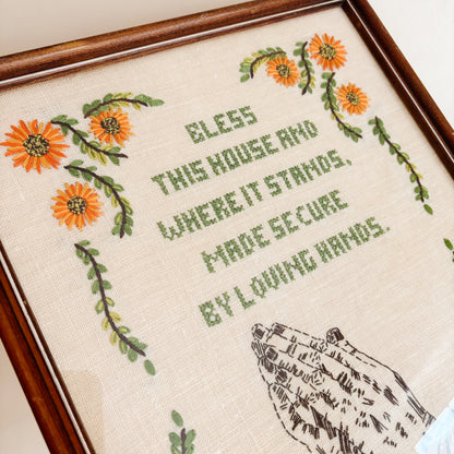 Vintage "Bless this House" Crewel Cross-Stitch Embroidery