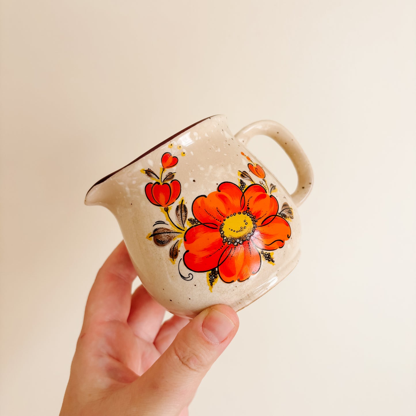 1970s Japan Valencia Orange Poppy Speckled Stoneware Creamer