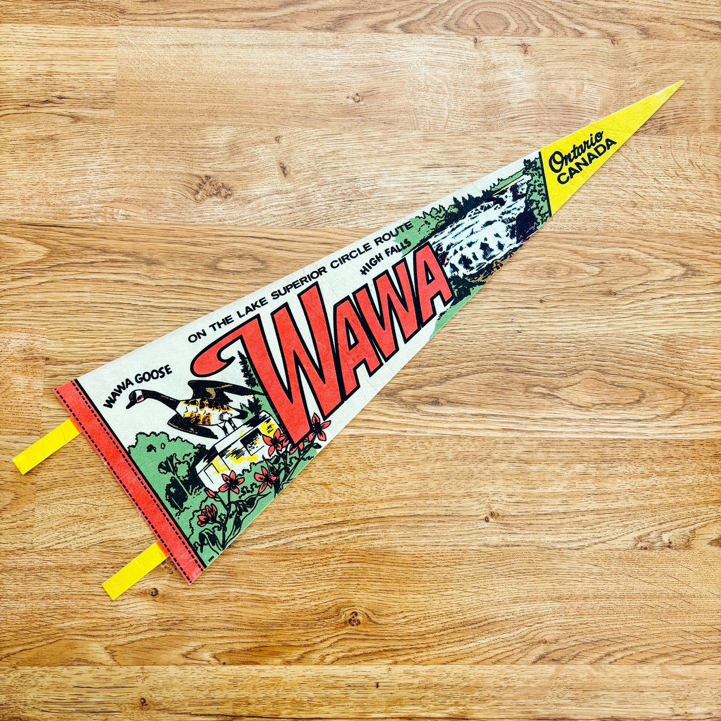 Wawa Ontario 1960s Yellow and Pink Felt Pennant
