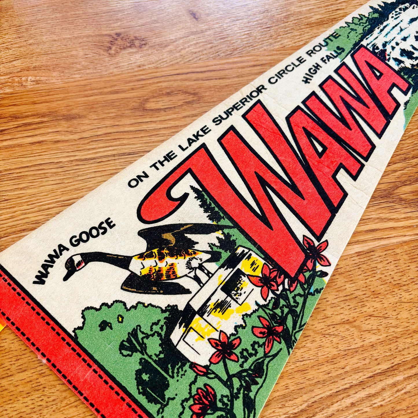 Wawa Ontario 1960s Yellow and Pink Felt Pennant