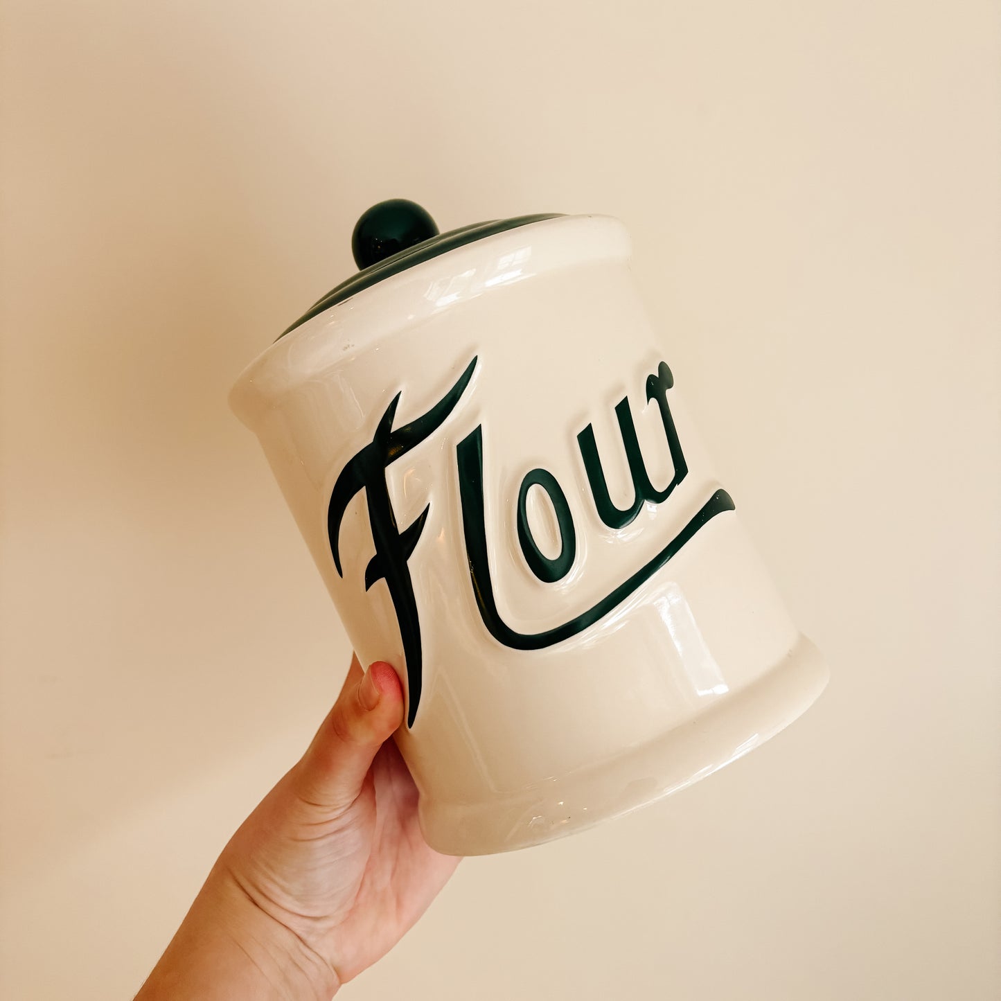 Vintage Himark Green and Cream Ceramic Flour Canister