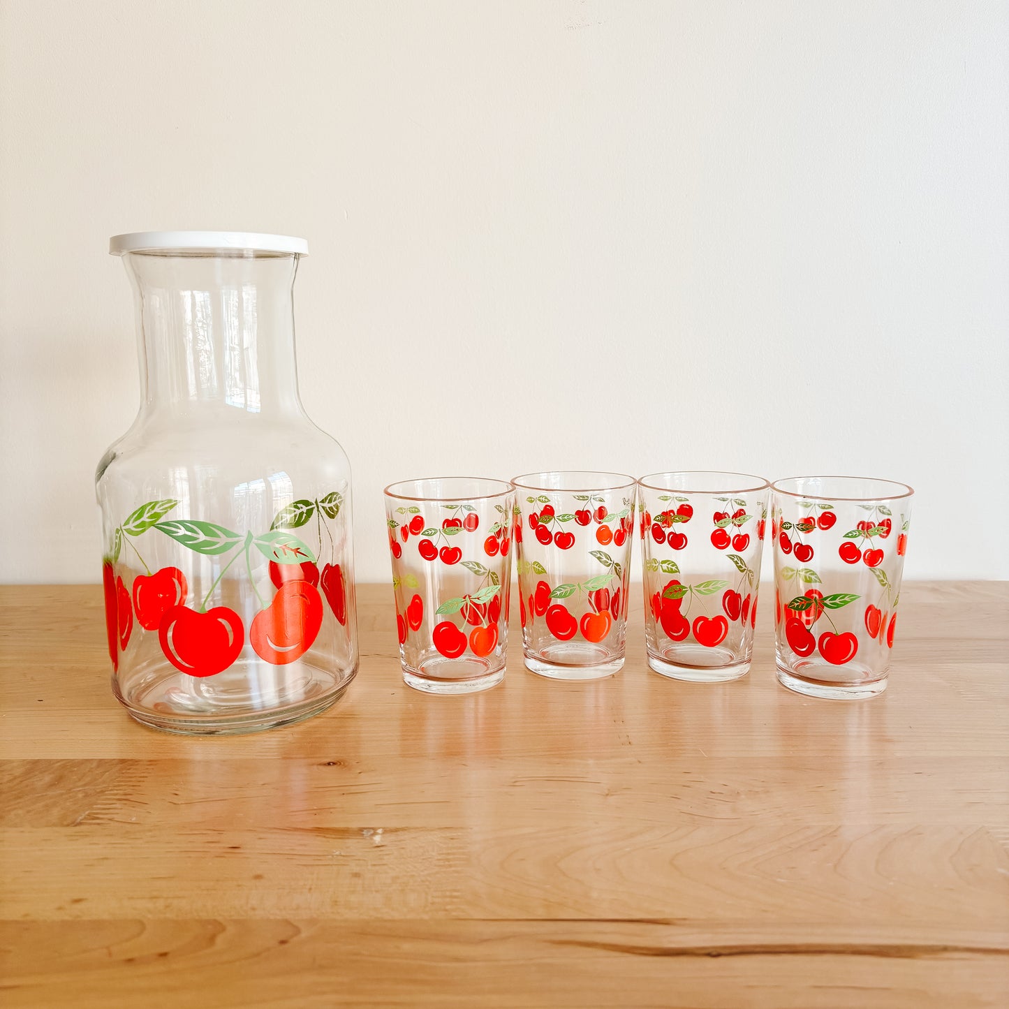 Vintage KIG Indonesia Cherry Glass Pitcher and Glassware
