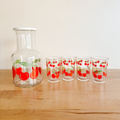Vintage KIG Indonesia Cherry Glass Pitcher and Glassware