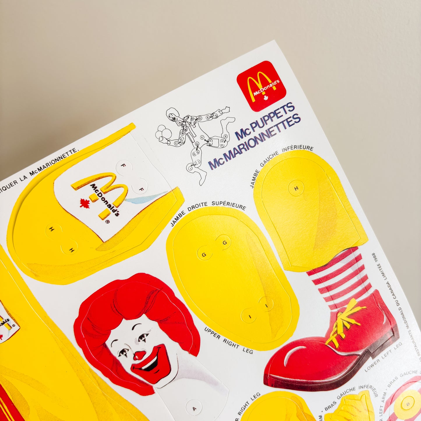 McDonald's Birthday Party Favor - Ronald McDonald McPuppets Paper Toy - 1988