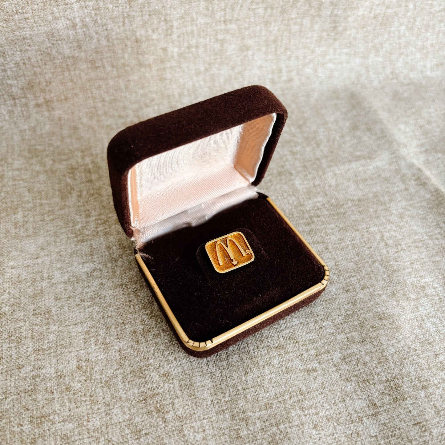 McDonald's Canada Pin - Gold M Logo with Maple Leaf in Maroon Box - Vintage from the 1980s