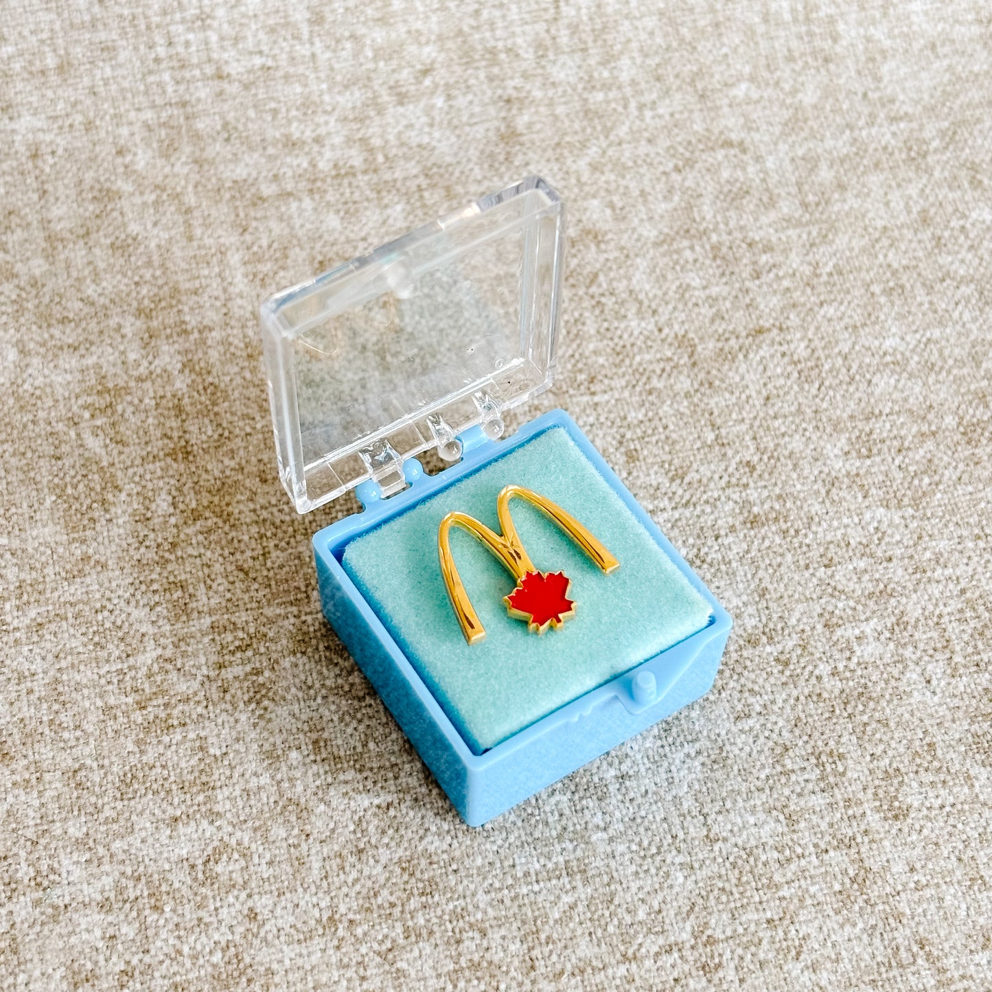 McDonald's Canada Pin - Gold M with Red Maple Leaf in Blue Box - Vintage from the 1980s