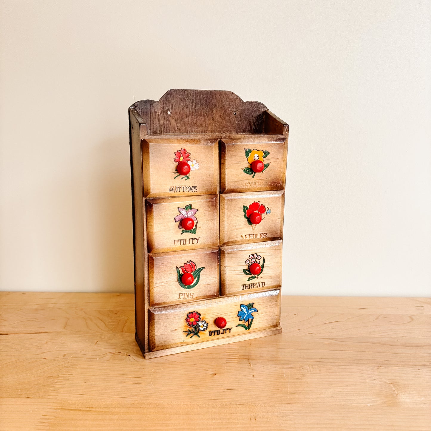Vintage Wooden Sewing Notions Storage Mini Cabinet with 7 Drawers