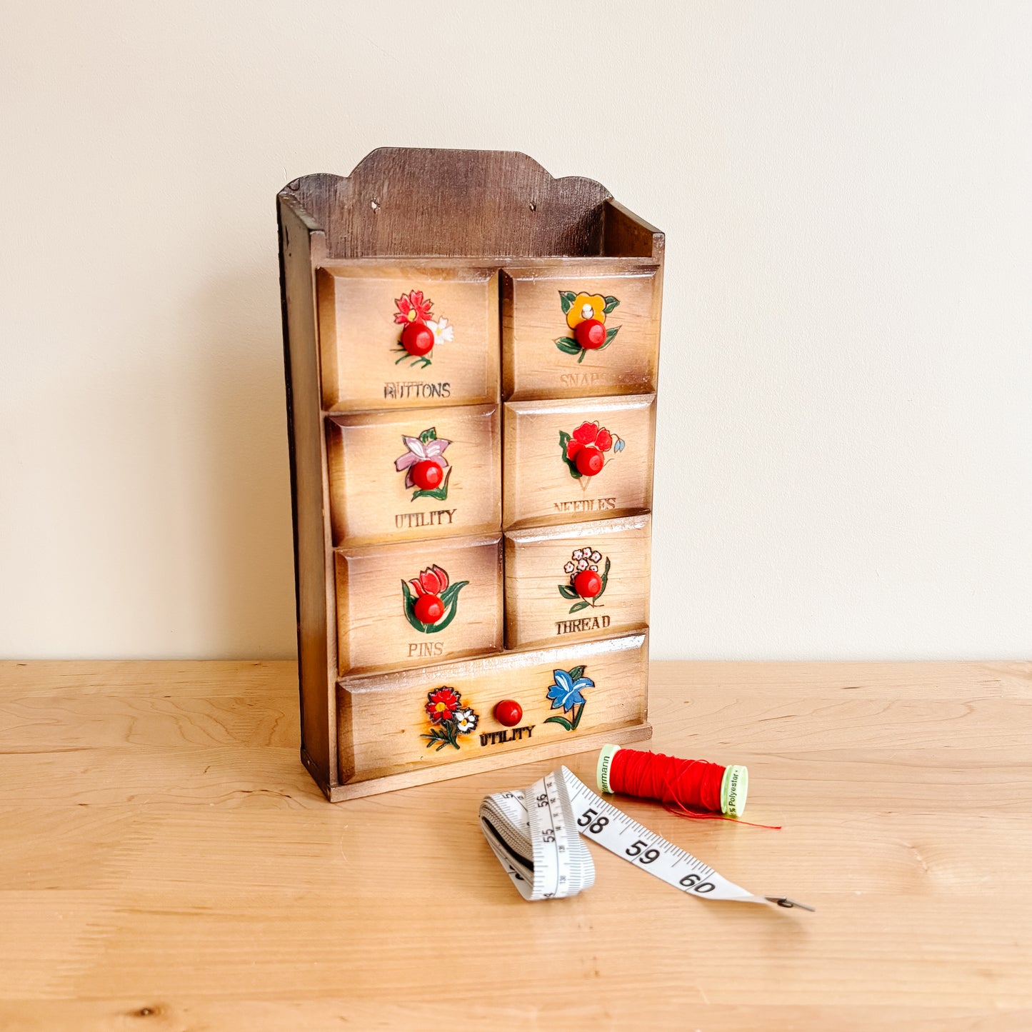 Vintage Wooden Sewing Notions Storage Mini Cabinet with 7 Drawers