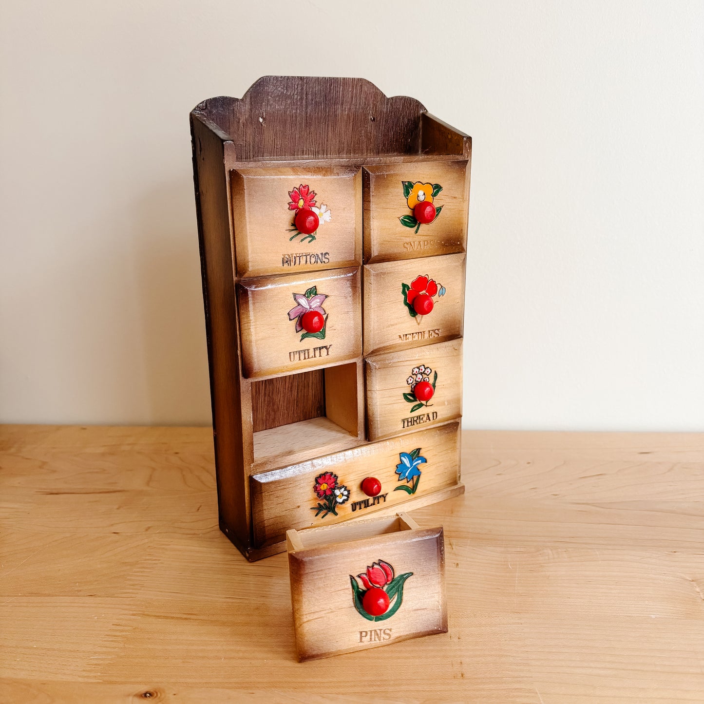 Vintage Wooden Sewing Notions Storage Mini Cabinet with 7 Drawers